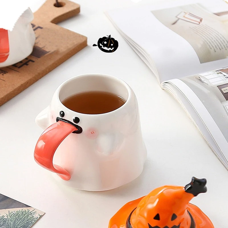 Halloween Cup With Witch Hat Cover Specter, Cute Originality Tongue Out Mug, Novelty Halloween Ceramic Tea Cup