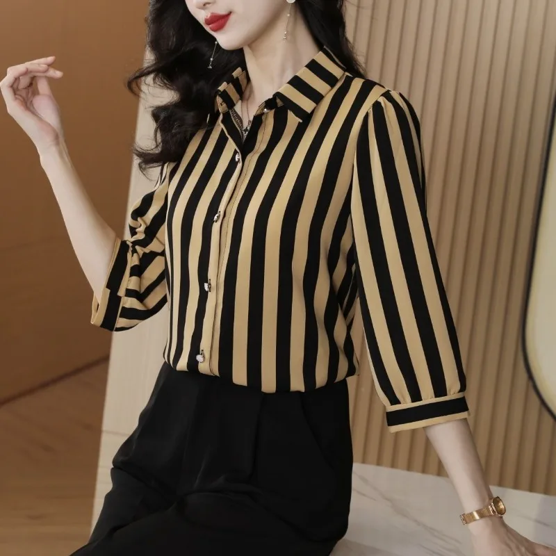 Women Clothes Summer Fashion Elegant Simplicity Striped 3/4 Sleeve Shirts Women's Korean Office Lady Casual Temperament Tops
