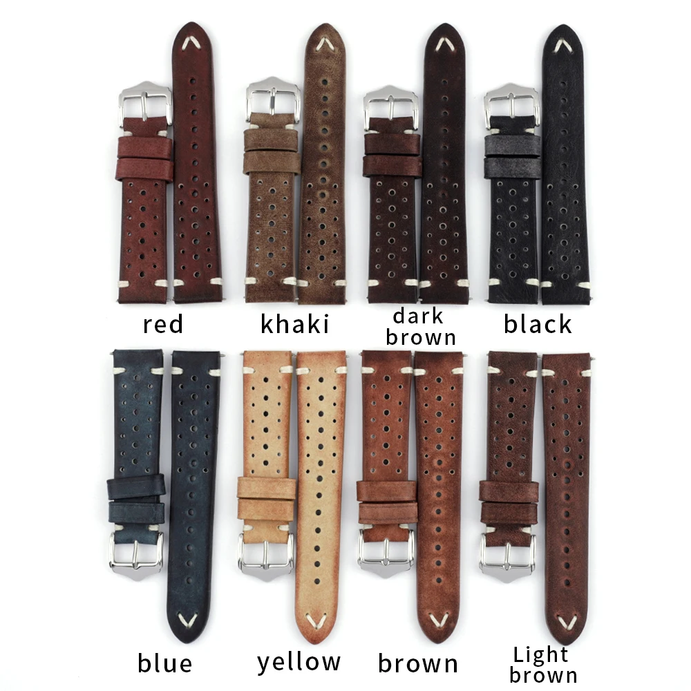 Handmade Cowhide Vintage Watchband 20mm 22mm 24mm Genuine Leather Watch Band Porous Breathable Bracelet Watch Strap Brown