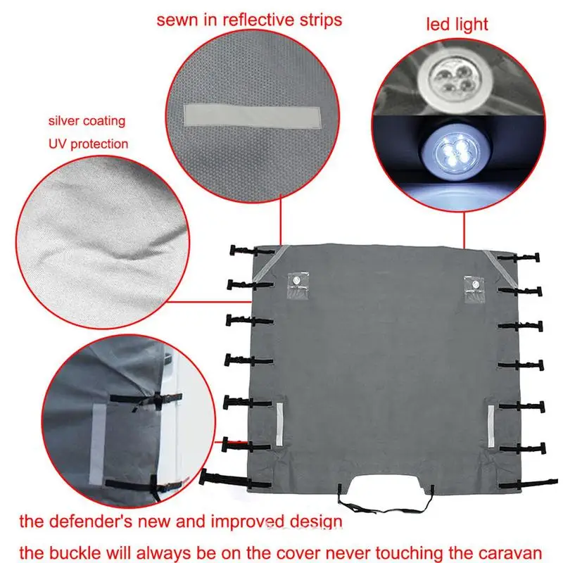 Caravan Front Towing Cover Dustproof Oxford Cloth Gray Reflective Strip Camper Protector With Two LED Lights Auto Accessories