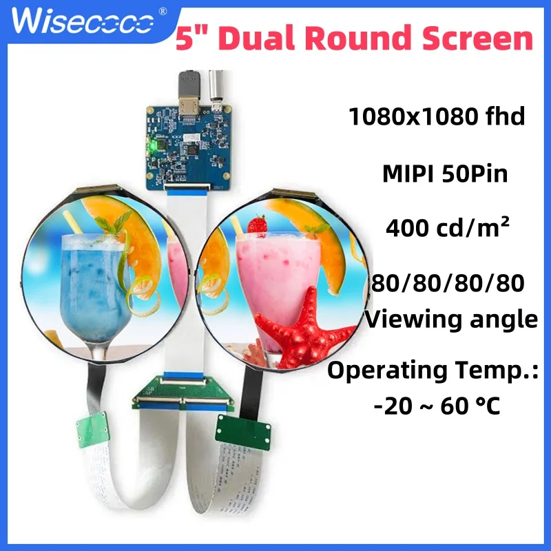 Wisecoco 5 Inch Round LCD Module 1080x1080 FHD Circular Screen MIPI Control Board IPS Display TFT Panel 400nits 60hz
