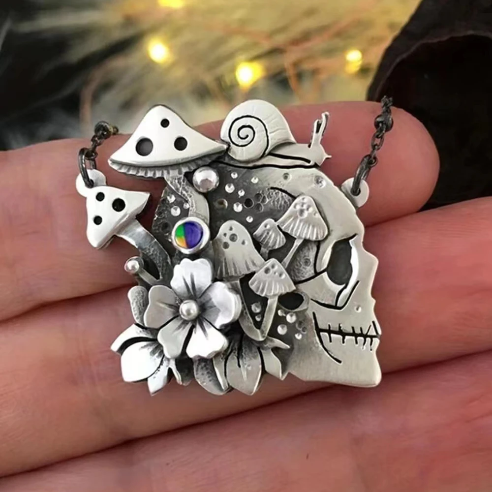 Skeleton Mushroom Flower Necklace Gothic Style Skull Snail Pendant Vintage Jewellery Gifts for Women and Man