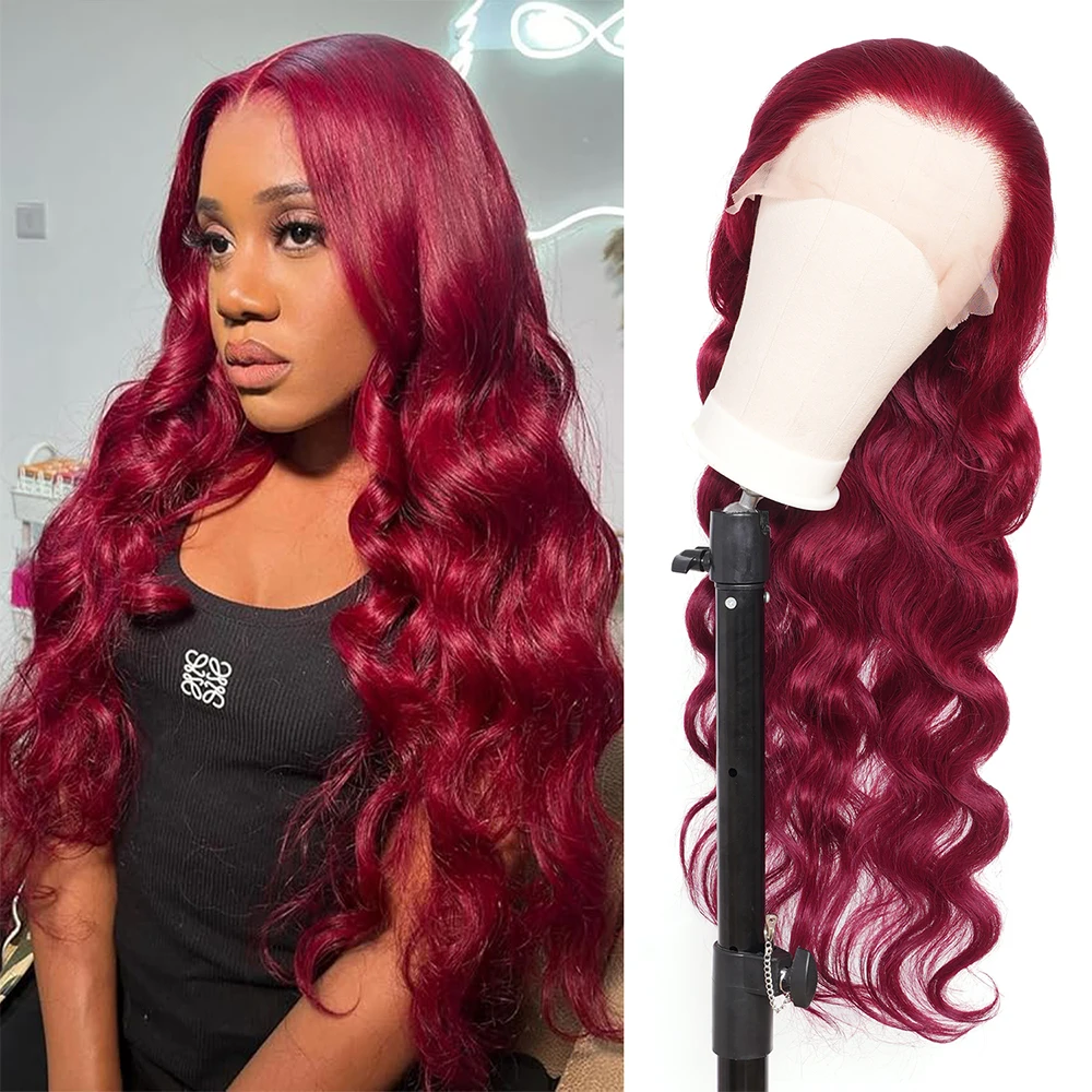 38 بوصة 99J بورجوندي الدانتيل الجبهة الباروكات 13x6 الجسم موجة الدانتيل الجبهة الباروكات شعر الإنسان قبل قطعها النبيذ الأحمر غلويليس الباروكات الأمامية