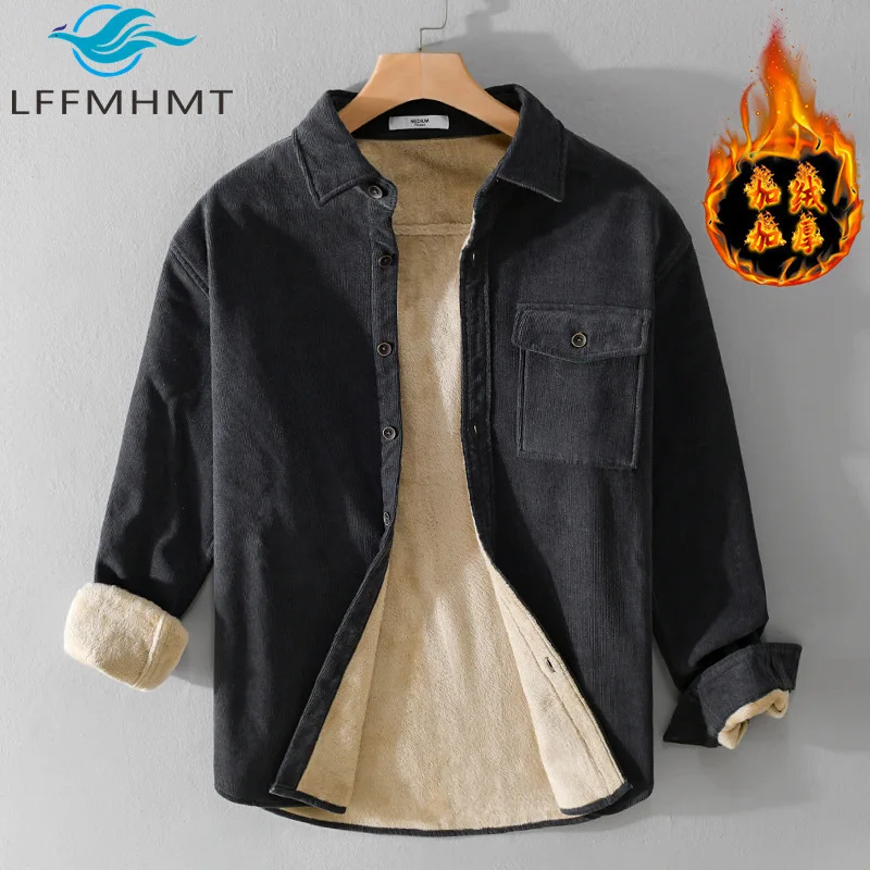 6117 Winter Fashion Men's Thicken Fleece Warm Coats Shirt Good Quality 100% Cotton Fabric Solid Color Simple Basic Casual Tops