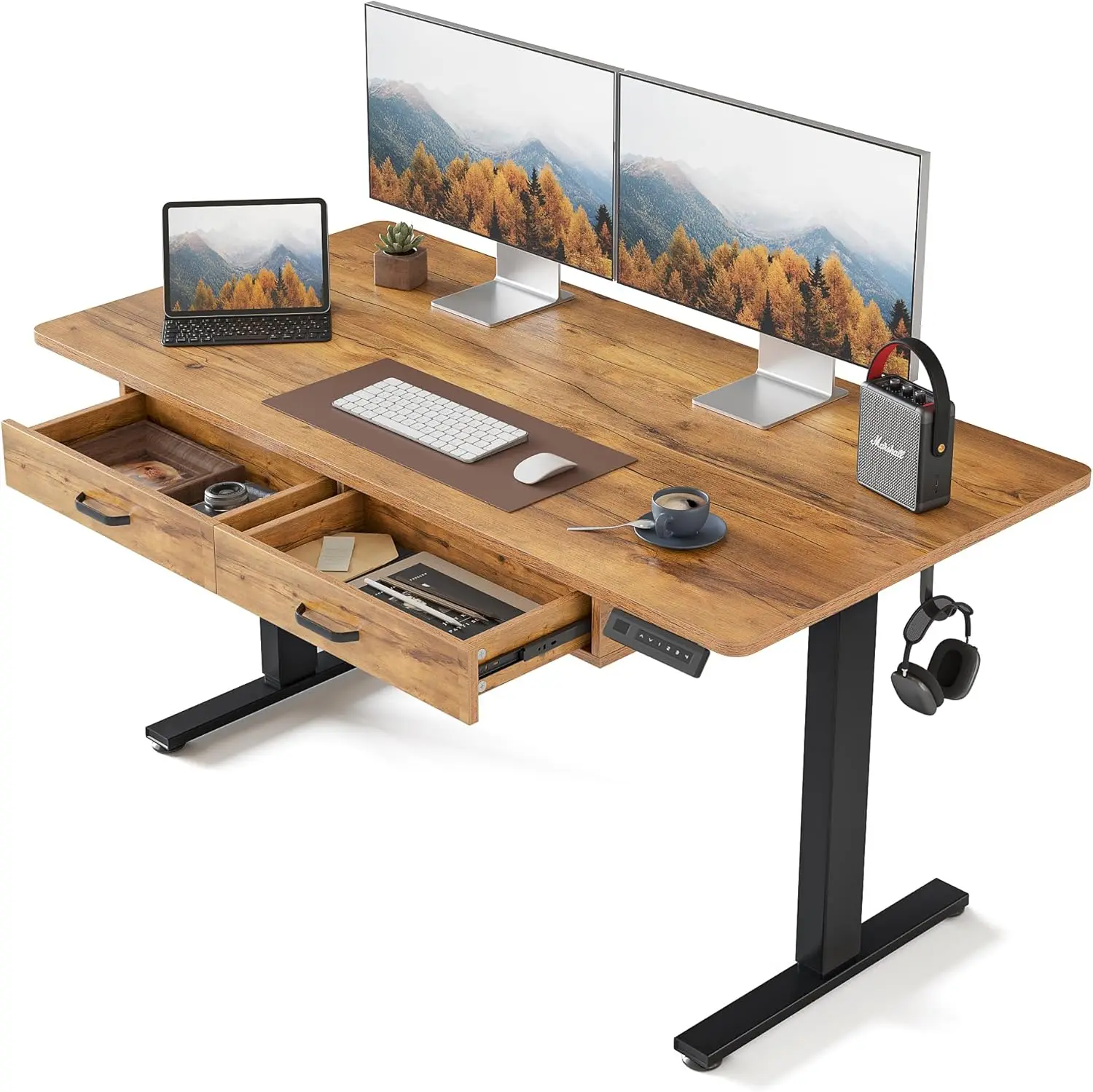 Fezibo Adjustable Height Electric Standing Desk With Double Drawer, 55X 24 Inches Stand Up Home Office Desk With Splice