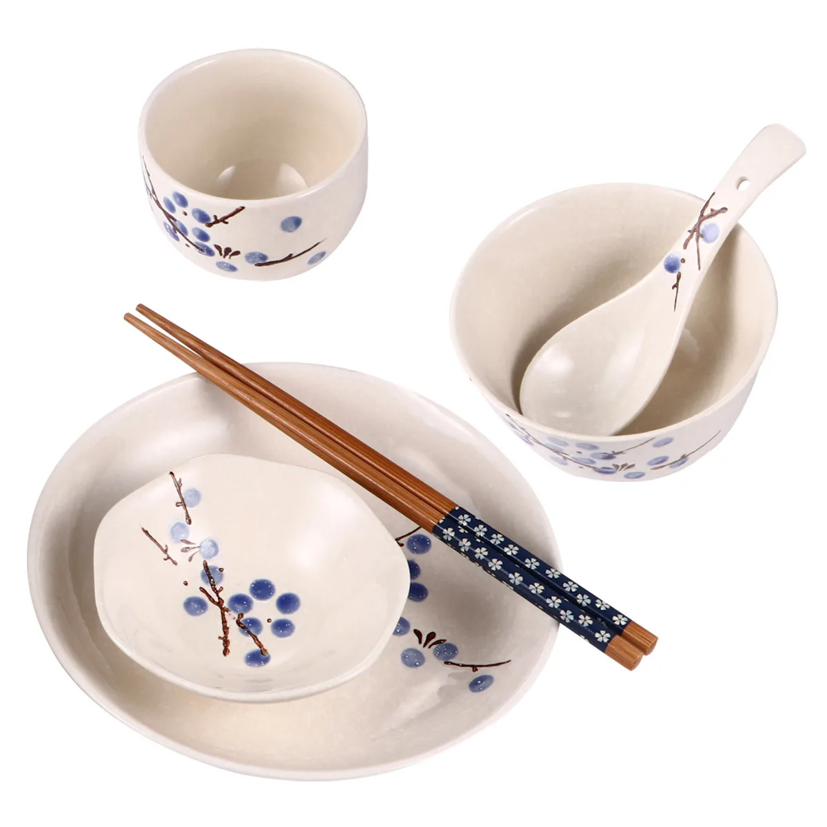 

1Set Japanese Style Ceramic Tableware 6 Pieces Plum Blossom Print Complete Set for Single Person Fine Workmanship Eco Friendly