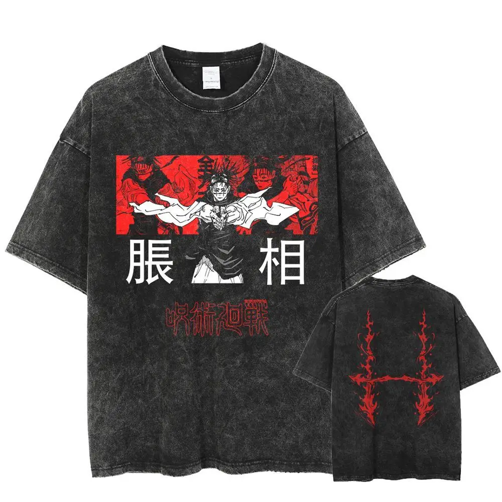 

Футболка Jujutsu Kaisen в винтажном стиле, с эффектом потертости, из хлопка, повседневная, свободного кроя, для мужчин и женщин