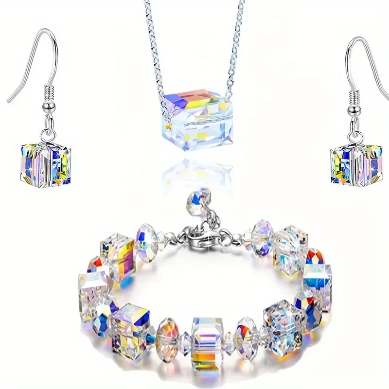 3Pcs Aurora Borealis Crystal Jewelry Set, Iridescent Sugar Cube Square Crystal Necklace Bracelet Drop Earrings Set, Silver Plated Shiny Cubic Crystal Jewelry Gift For Women Daily Party
