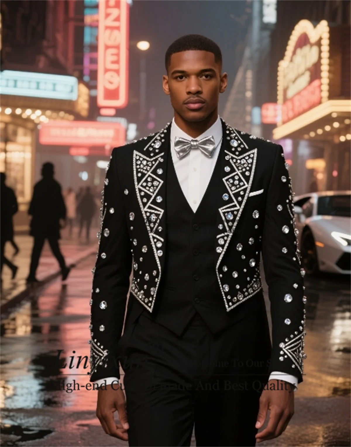 

Stunning Beaded Crystals Tuxedos Men Suit Fashion Slim Male Prom Blazer Customized Wedding Groom 3 Piece Sets trajes para hombre
