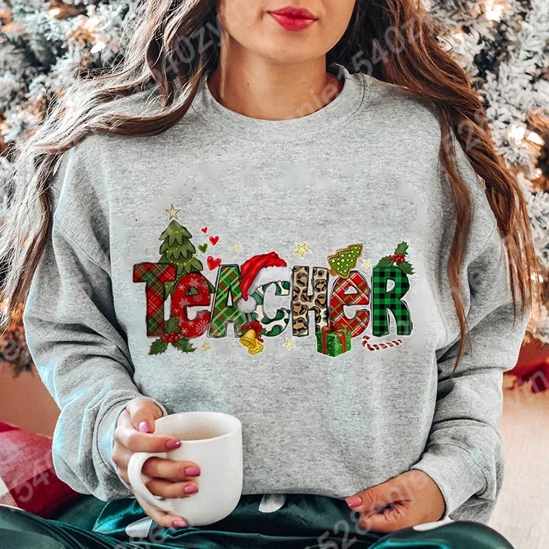 Teacher Christmas Print Crew Neck Sweatshirt, Casual Long Sleeve Pullovers For Fall & Winter, Women\'s Sweatshirts