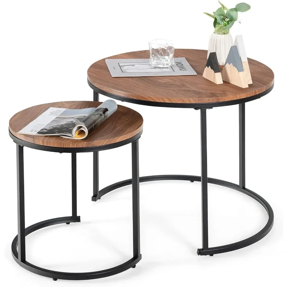

Nesting Coffee Table Set of 2, Round Stacking Side Tables w/Wooden Tabletop & Steel Frame, Space Saving Vintage End Tables