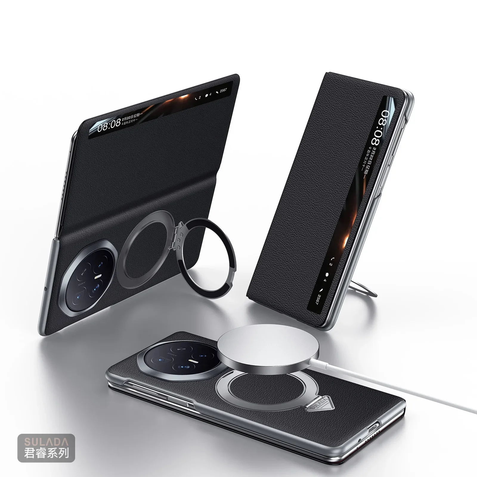 

Original Sulada Genuine Leather For Magsafe Case For Honor Magic V6 MagicV6 Metal Ring Holder Bracket Window View Flip Cover