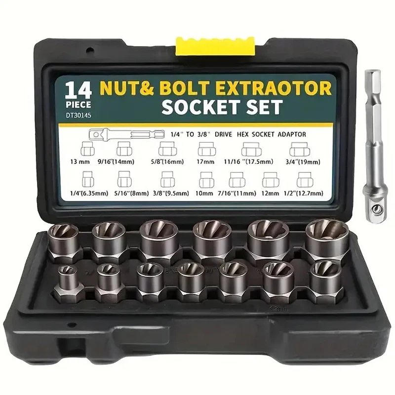 

14pcs/Case Impact Bolt Nut Extractor Screw Remove Broken Bolt Extractor Set Cr-Mo Steel Sleeve 6.35-19mm Car Remover Tool Kit