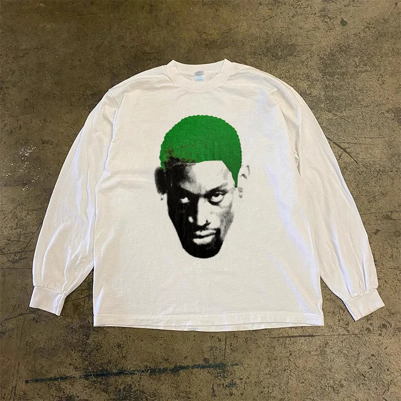 Heavyweight Pure Cotton Long Sleeve T-Shirt Retro Print Rodman Character Base Shirt Comfortable Fit Classic Style Fashionable