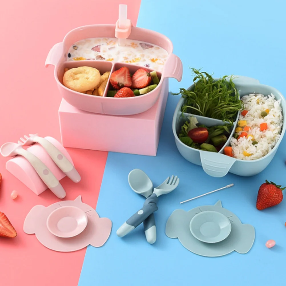 

6pcs Kids Suction Plates Set Baby Tableware Large Capacity Three Compartments Silicone Twisted Handles 260 Degrees Strong