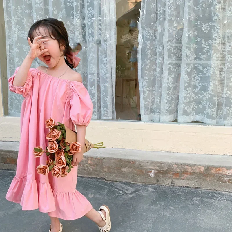 Summer Girls Dress Korean Style Sweet Lotus Leaf  Beach Lady's Dress 2025 New Baby Kids Clothes Children'S Clothing