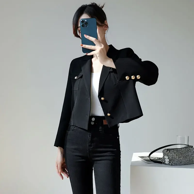 

Women's Short Black Blazer New Petite Premium Solid Color Spring Autumn Korean Style Casual Fashionable Design Suit Jacket