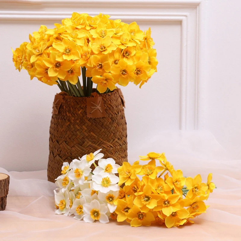 6Pcs/bunch Artificial Narcissus Flower Bouquet White Yellow Wedding Bridal Bouquet Home Garden Desktop Decoration