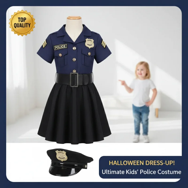 ▶❤Kids Police Uniform Costume Set for Halloween, Unisex Dress with Hat Belt, Kindergarten Stage Performance Outfit❤◀ view 2
