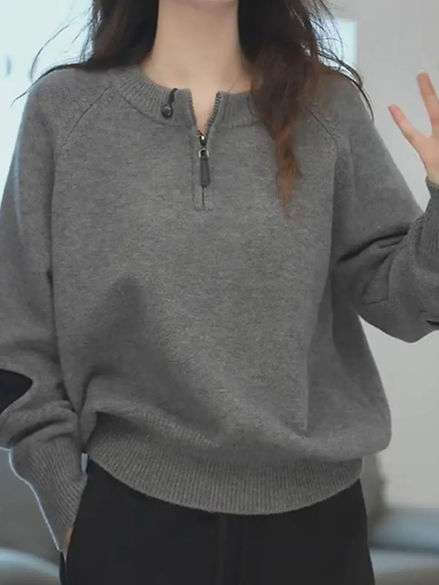 Color Block Half Zip Long Sleeve Knitwear Women's Loose Fit Versatile Slimming Spring Autumn Fashion Casual Comfortable Top