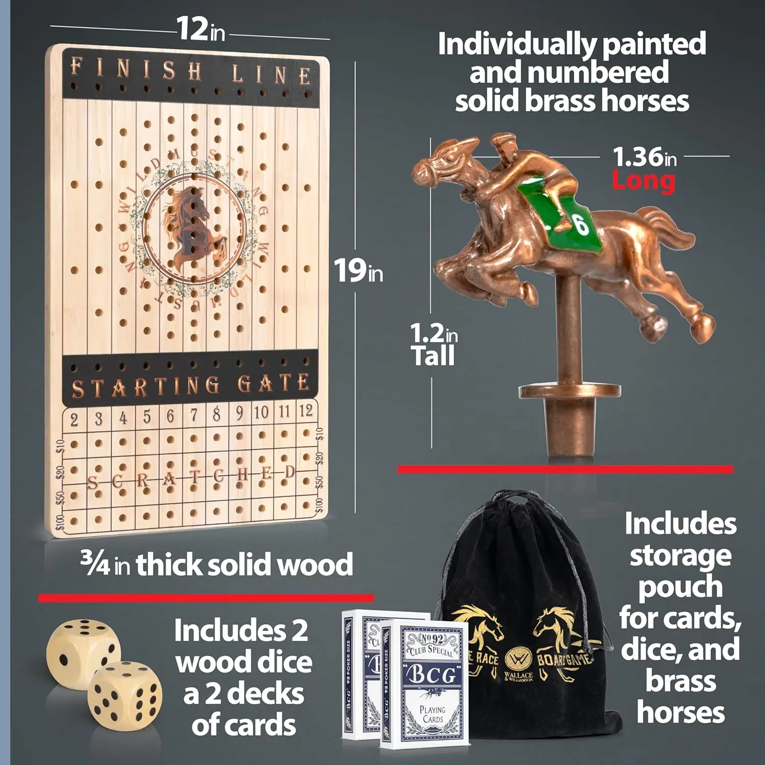 Nuovo gioco da tavolo da corsa di cavalli in metallo con 11 cavalli, dadi, carte, scacchiera in legno - Gioco per feste in famiglia per adulti
