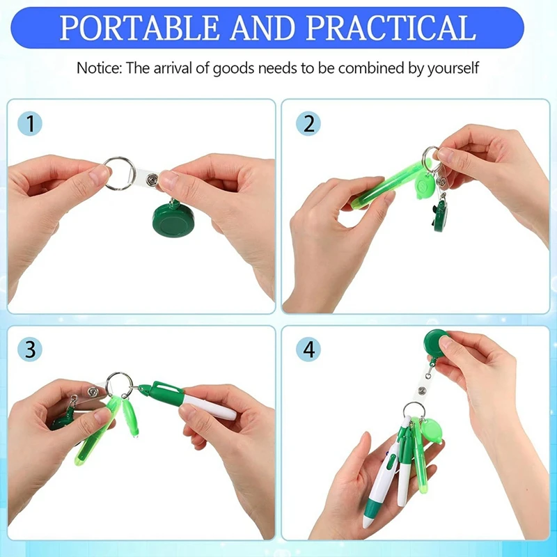 6Pack Badge Reel Pen Retractable Pens Clip with Mini Highlighter Nurse Pens Neon Marker Pen LED Keychain Key Ring-A56M view 3