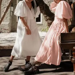 Vestido largo de gasa de crepé con cuello en V y manga abullonada para mujer, vestidos elegantes con cordones, Vintage, 100% algodón