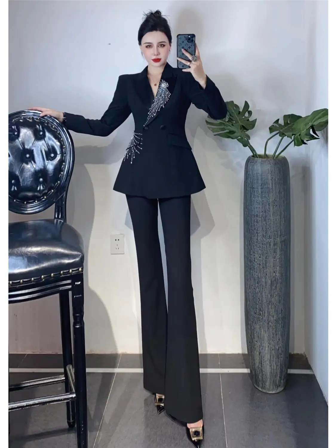 

Элегантный деловой женский костюм-двойка из полиэстера: приталенный пиджак и брюки в западном стиле, модный винтажный дизайн, весна-осень