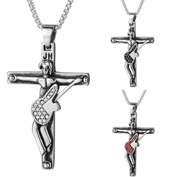 Johnny Hallyday Guitar Cross Pendant 3 Colors Punk Stainless Steel Necklace With Black Rope Chain Men Necklaces Jewelry Gift