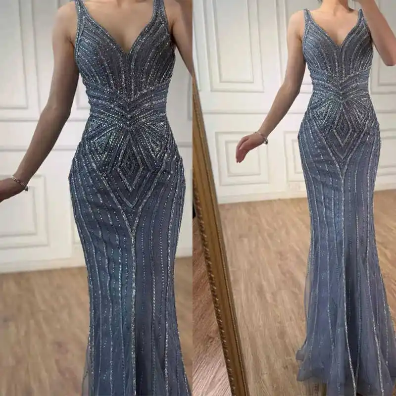 

Handmade Mermaid Evening Dress Spaghetti Strap Beaded Sequins Prom Gowns Designer Floor Length Party Dresses Customized
