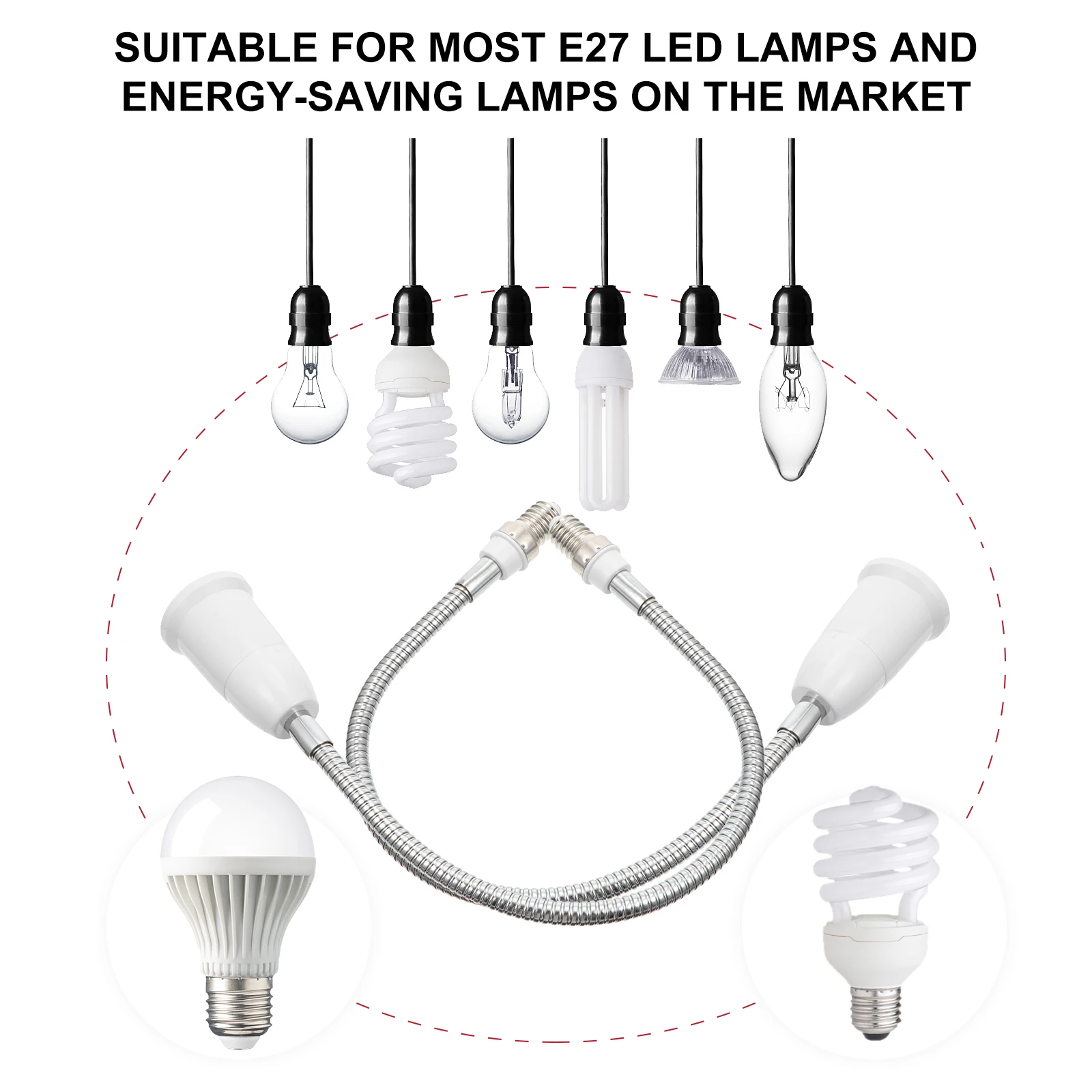 360° Bendable Lamp Holder Extender Socket Adapter Light Bulb Converter Shade Ring Fixture Screw In Hose Head Socket Extender