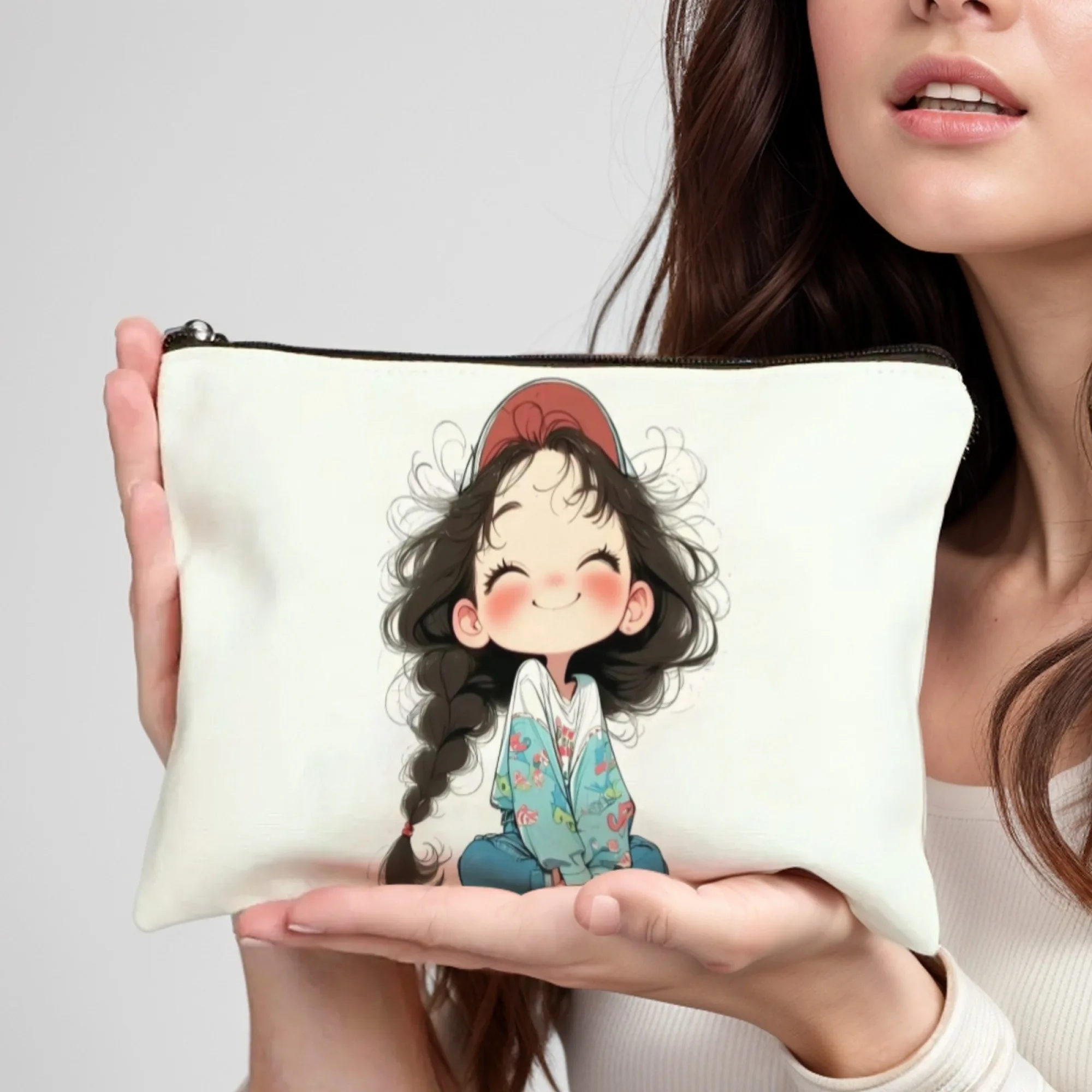 

Girl with curly hair in a hat makeup bag lightweight portable cosmetic case with zipper closure ideal for women Christmas Gifts