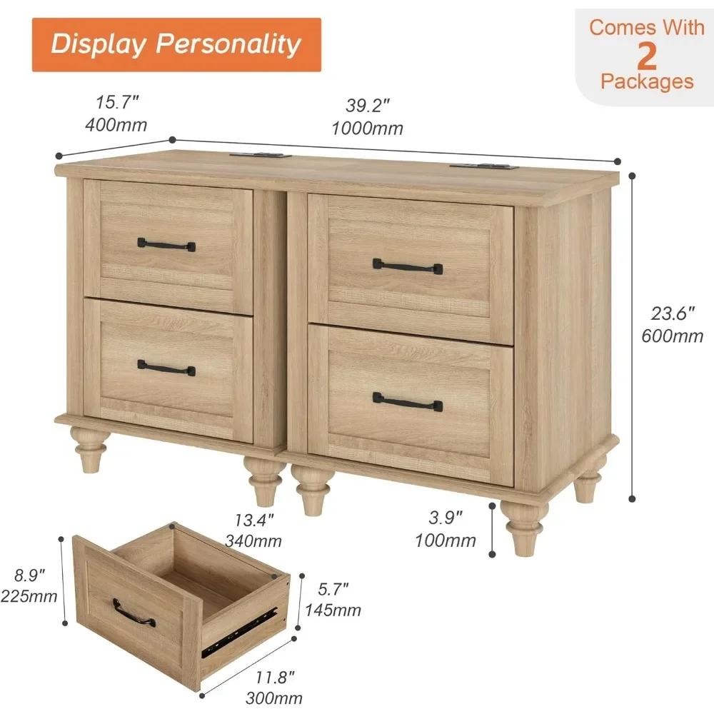 Mesa lateral de carvalho com estação de carregamento Nightstands Set Mesas de madeira leve, Farmhouse Night Stand Mesa de cabeceira para quarto, 2