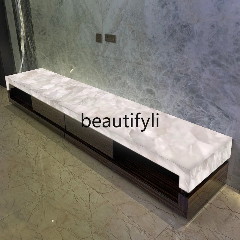 Simple European natural marble TV cabinet, high-end luminous luxury stone TV cabinet