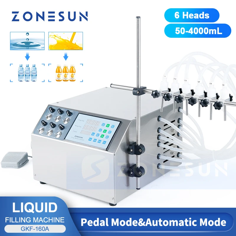 ZONESUN ZS-DPYT6P شبه التلقائي ستة فوهات عصير الحليب السائل ماكينة حشو زيت الماء قنية للأغراض الصيدلانية حشو 50-4000 مللي