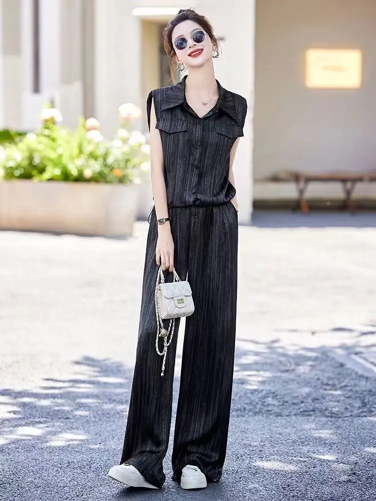 Small Fragrant Wind Set for Women's Spring/Summer New Fashion Western Stripe Shirt Wide Leg Pants Two Piece Set