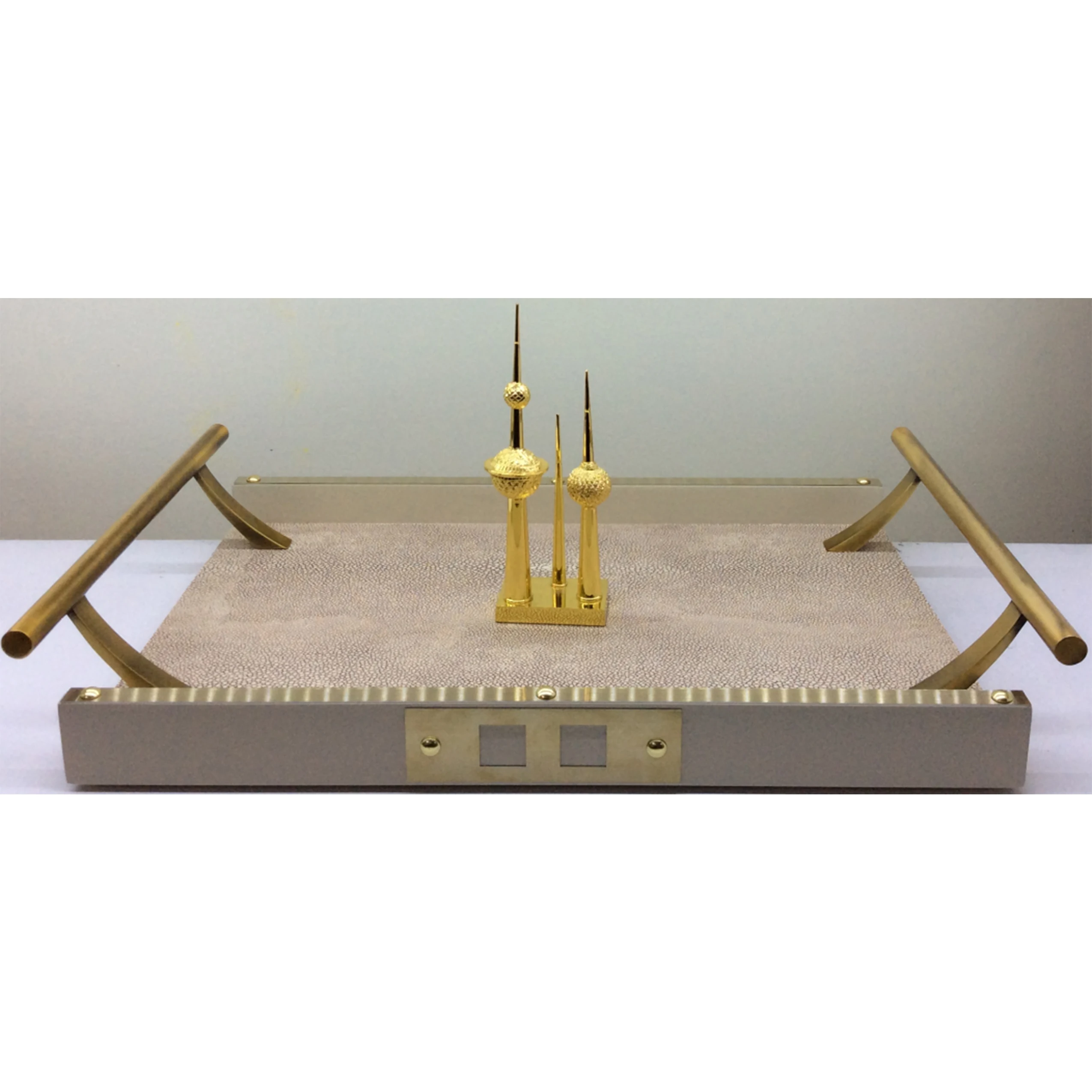 

Hot Sale A-532 Shagreen Leather Valet Tray Square Decorative Wood Tray with Metal Plating for Wedding Parties