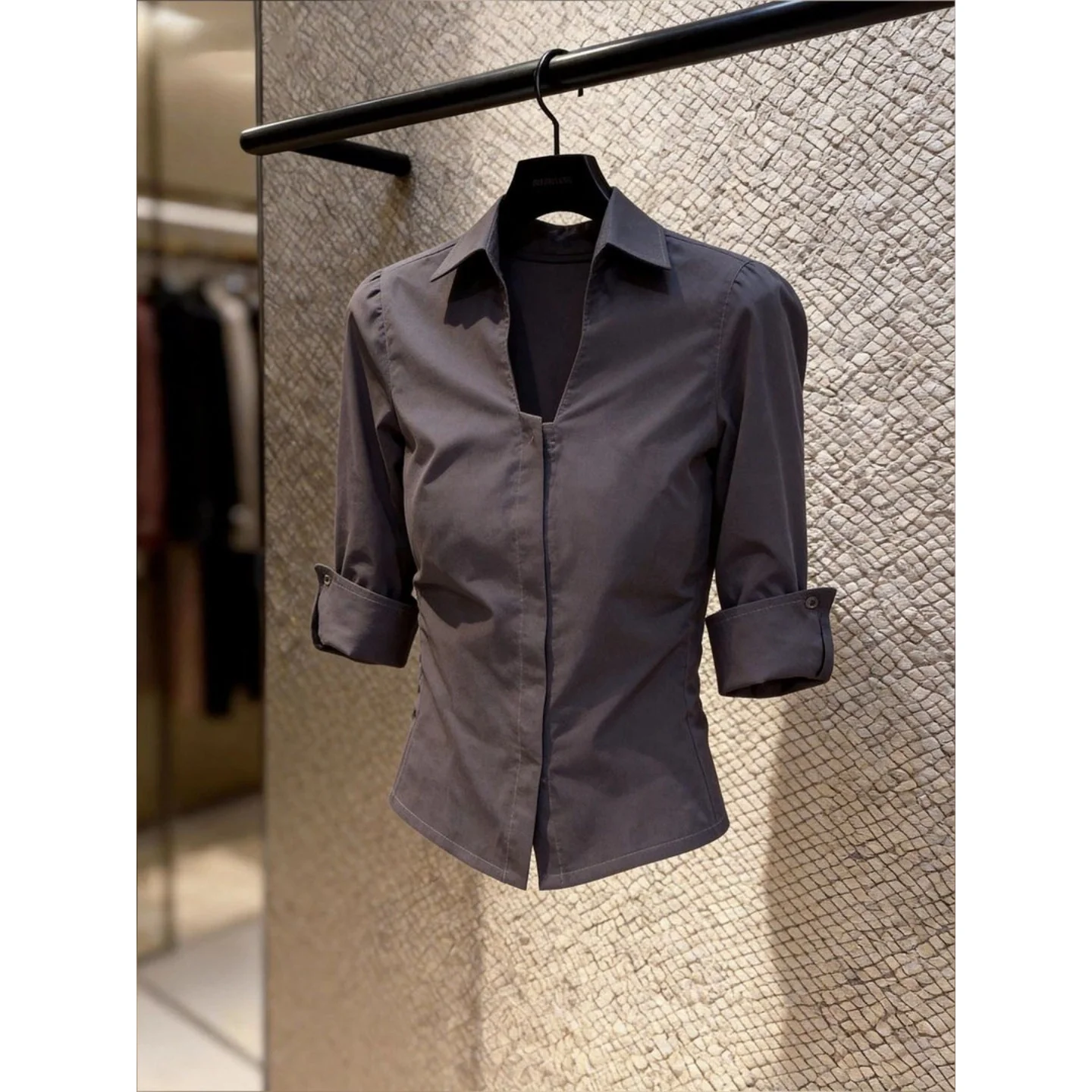 

Korean Style Grey Neck Short Sleeve Women's Shirt Summer High-End Feelings Versatile Fashion Polyester Fiber Cool Sensation