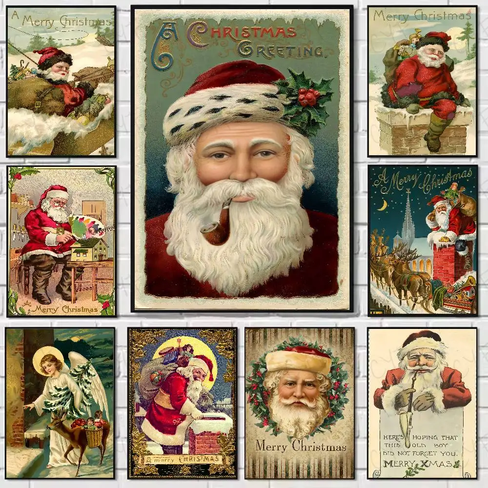 

Retro Christmas Santa Claus Poster Home Living Bed Room Bar Hallway Sticky Wall Art Printing Waterproof Aesthetic Decor