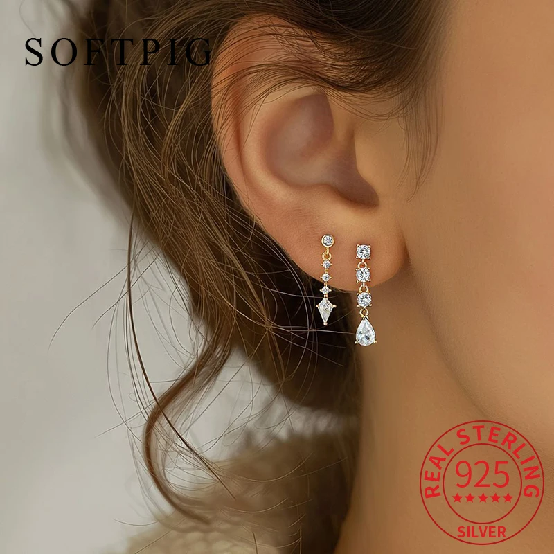 

SOFTPIG 1 Pcs Real 925 Sterling Silver Minimalist Zircon Tassels Tiny Drop Earrings for Women Fine Jewelry Light Luxury Gift