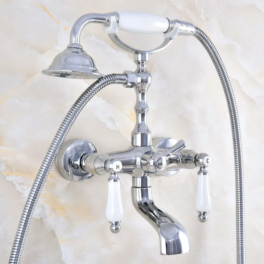 

Polished Chrome Telephone Style Bathroom Bathtub Faucet Wall Mount Dual Handles Bath Shower Mixer Tap with Hand Shower