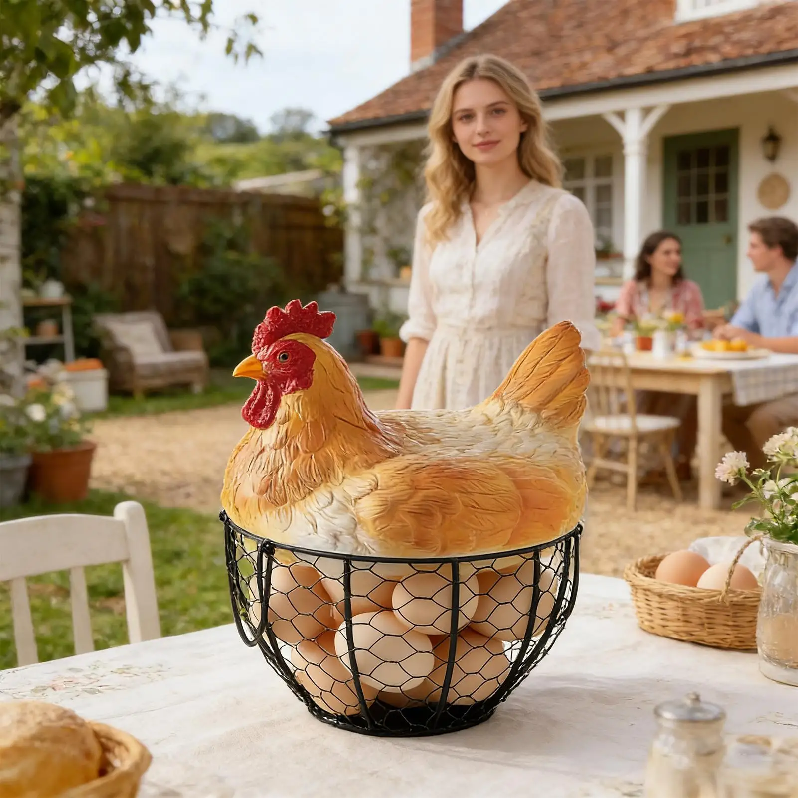 Chicken Egg Basket Vintage Metal Storage Holder Egg Gathering Basket with Hen Lid for Fruit Snack Farmhouse Kitchen Desktop Farm