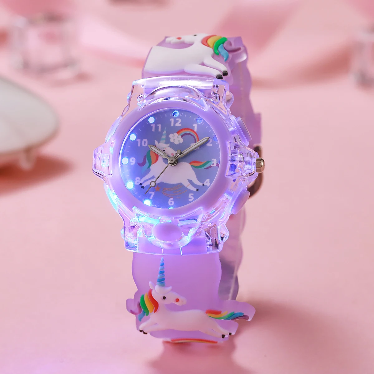

Милые радужные единороги с метеоритным узором, силиконовый ремешок, светящиеся часы, кварцевые наручные часы, подходят для подарков на Хэллоуин и Рождество
