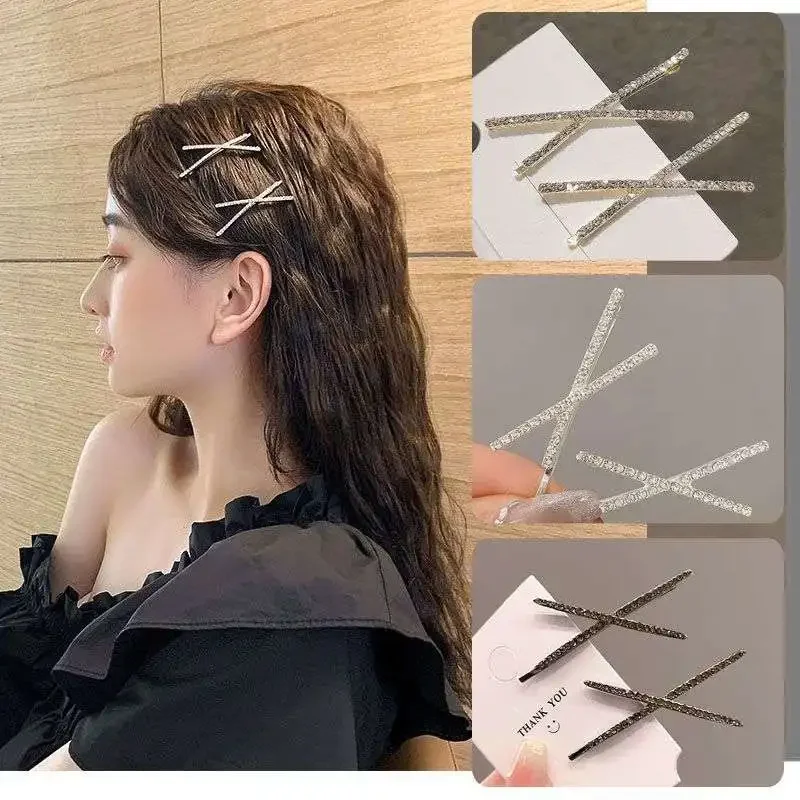 New 2pcs X-shaped Hair Clips Shiny Rhinestone Fashionable Small Hair Clips Fringe Decorative Clips Woman Headwear