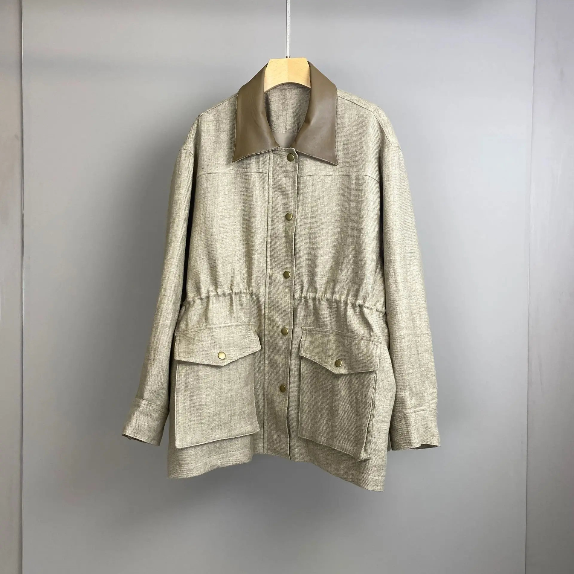 

2025 Autumn And Winter New Pure Linen Lapel Waist Drawstring Patchwork Leather Fashionable Versatile Temperament Jacket