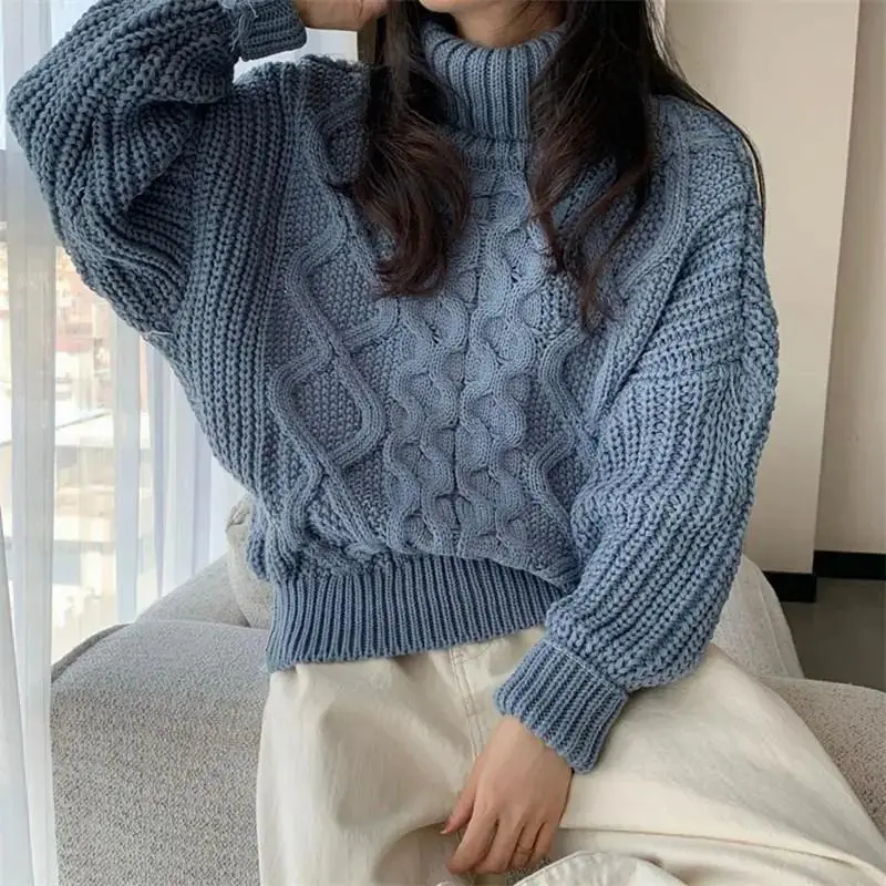 Korean Lazy Retro Turtleneck Twist Pullover Sweater Women Autumn Winter New Short Long-sleeved Thick-line Knitted