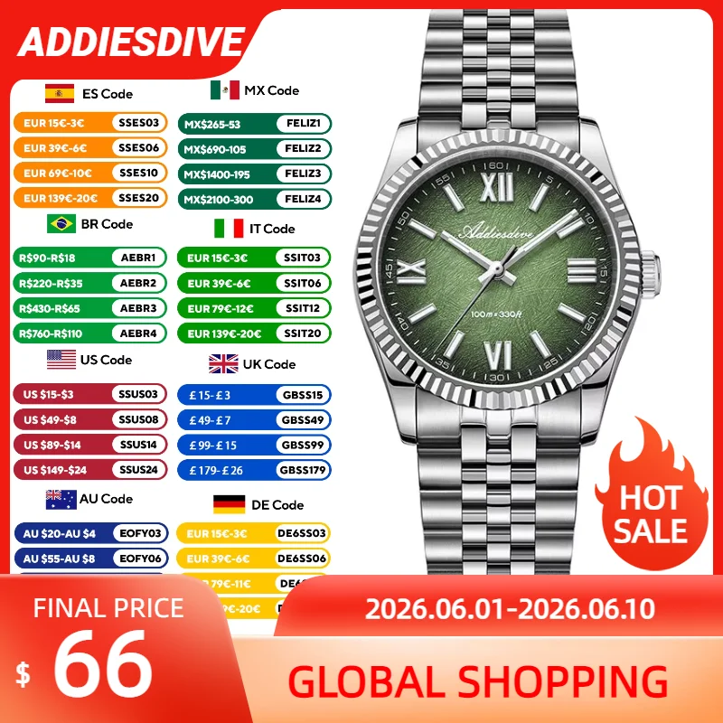 

ADDIESDIVE 36MM Waterproof Quartz Watch For Men VH31 Sapphire Glass Reloj Hombre Calendar Display Luminous NEW Dress Man Watches