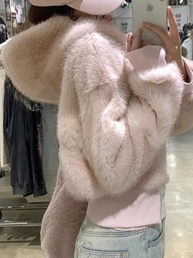 Fuzzy Reversible Hooded Jacket Women Autumn Winter Thick Warm Coat Plush Casual Loose Fit Sweet Streetwear Outerwear Fashion