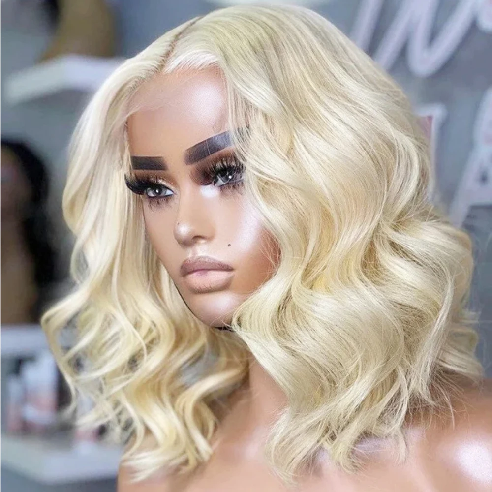 Wig Rambut Pirang Lace Front Lembut Preplucked 14 Inci 180 Density Lurus Sintetis Dengan Baby Hair Tanpa Lem Wig untuk Pemakaian Sehari-hari