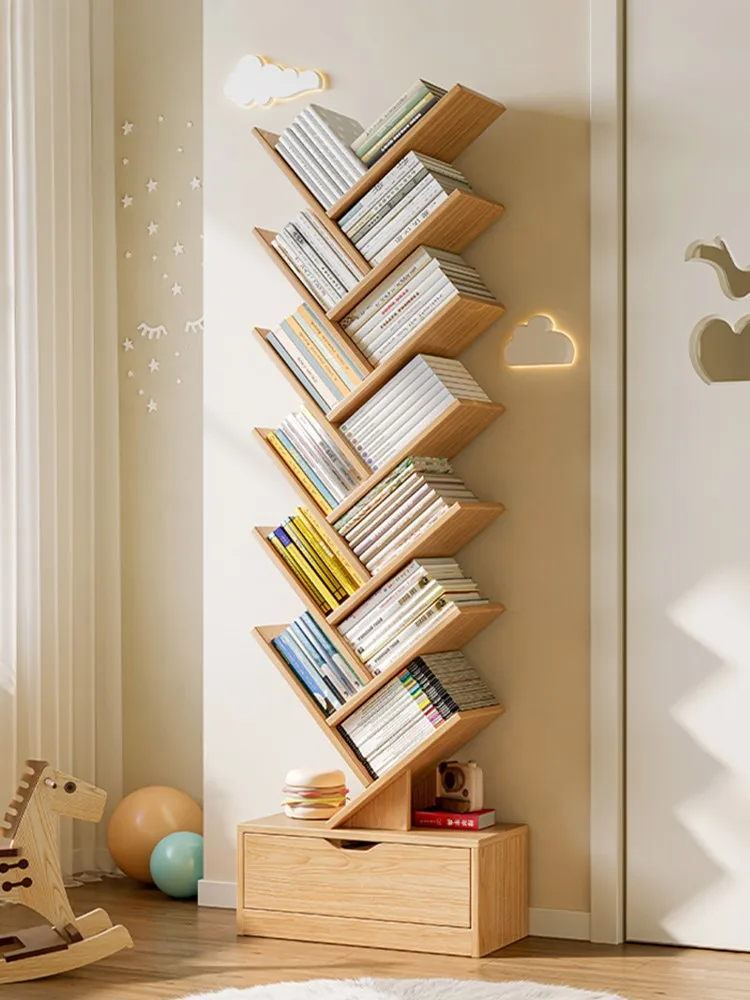 Small bookcase shelf next to tree desk floor-to-floor household bookcase